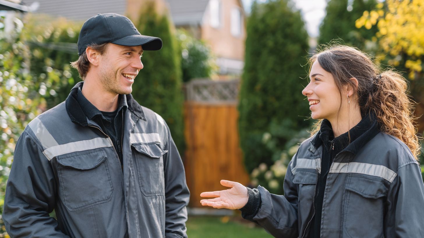 Homeowner talking with an outdoor soundproofing specialist